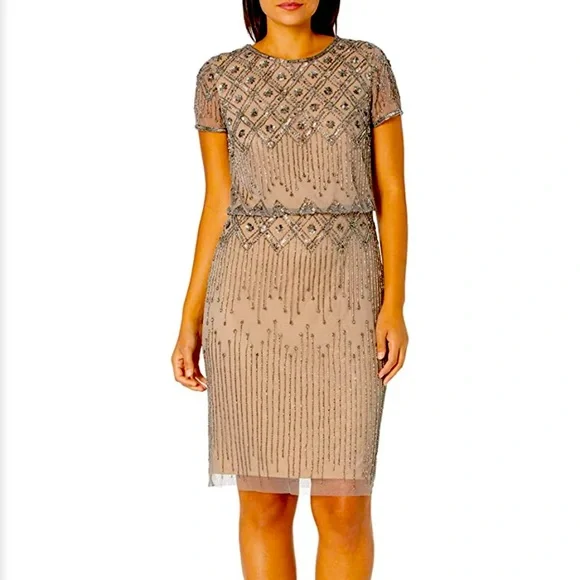 ADRIANNA PAPELL MERCURY NUDE BEADED ALLOVER SHORT SLEEVE BLOUSON COCKTAIL DRESS - Picture 1 of 6